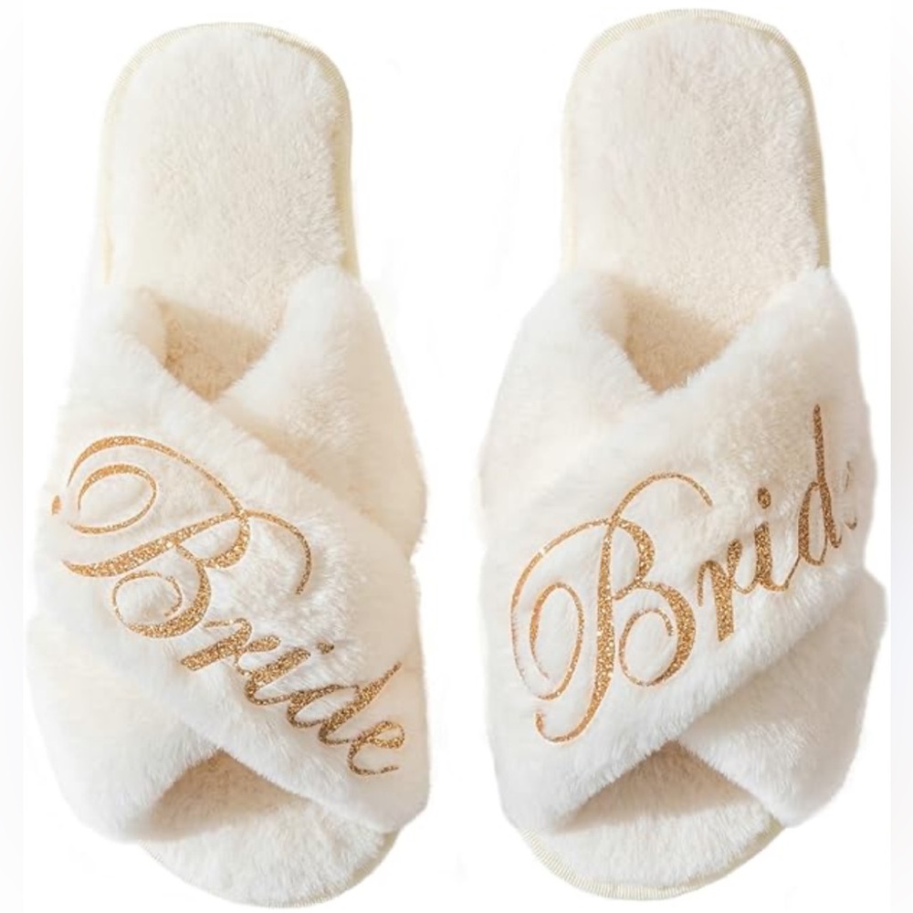 White Bride Slippers with Gold Script